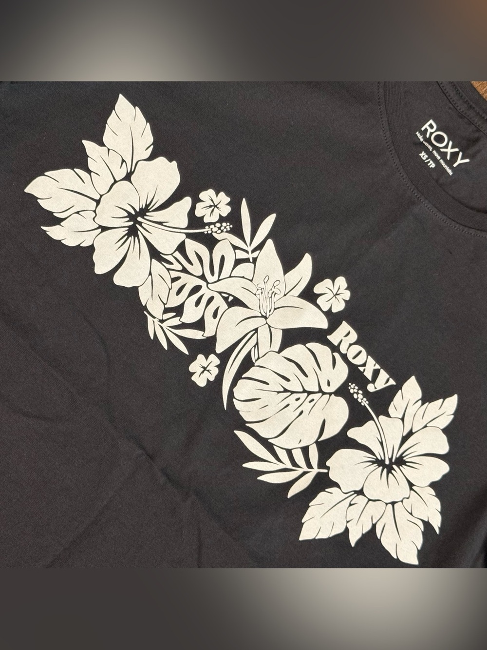 Roxy Black Tee with White Tropical Floral Print - Picture 3 of 6